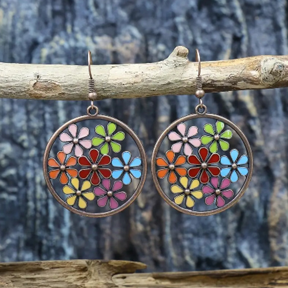 Antiqued Bronze BOHO Hippy Round Multicolor Flower Earrings with Wire Hook - Picture 3 of 3